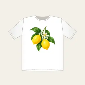 Lemon Branch in Blossom T-Shirt in white: A single lemon branch carries two lemons, glossy leaves and a small blossom in lemon yellow, leaf green and cream.