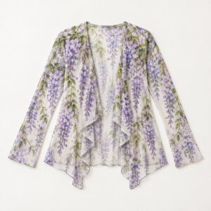 Wisteria Cascade Mesh Cardigan with all-over cascading wisteria blossoms in lilac and green on a pale ground