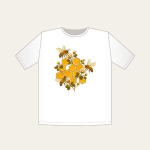 Honeycomb Grid with Bees and Clover T-Shirt in white: A hexagonal honeycomb grid with three small bees and tiny clover blossoms in gold and brown.