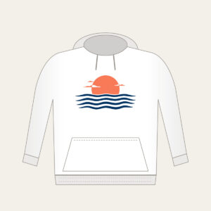 Rising Sun over a Navy Horizon Hoodie in white: Navy horizon lines meet a small warm coral sun, with a few tiny white clouds.