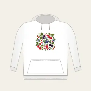 Wild Berries and Leaves Hoodie in white: A scatter of wild berries and leaves in plum, red and green on cream.