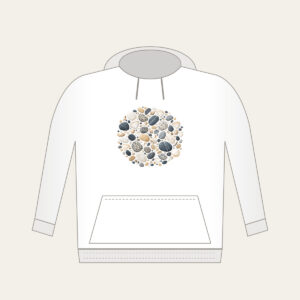 Beach Pebbles and Tiny Shells Hoodie in white: Pebbles and tiny shells in sand, slate and white are scattered across the artwork.