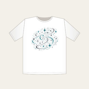 Charcoal Night Trail of Stars and Paths T-Shirt in white: An all-over pattern of stars and path lines in charcoal, silver and teal.