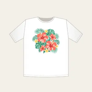 Coral Hibiscus Palm Sorbet Pattern T-Shirt in white: Coral hibiscus blooms and palm leaves in mint and lemon spread across a cream field.