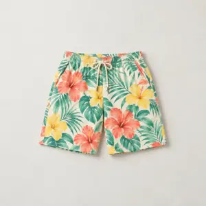 Tropic Sorbet All-Over Hawaiian Shorts with all-over hibiscus and palm leaves in coral, mint and lemon on cream