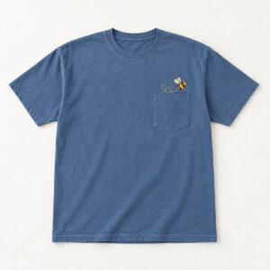 Pocket Bee Heavyweight Tee with small print on and just above the pocket: a round bee with a dotted flight loop in honey yellow and charcoal