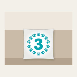 Teal Paw Circle with Number Three Pillow in white: A ring of small white paw marks on teal circling the number “3”.
