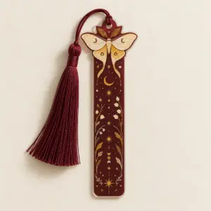 Reading Moth Acrylic Bookmark with a moth with open wings in cream and gold sitting at the top of a deep maroon bookmark with small star dots down the tab