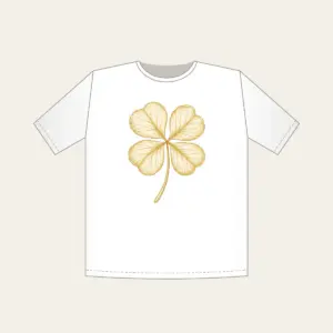Four-Leaf Clover Botanical Plate T-Shirt in white: A four-leaf clover with its roots, drawn in cream and gold line art in the style of a botanical plate.