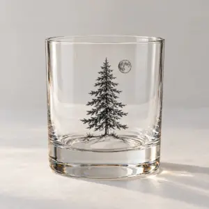 Pine Line Whiskey Glass with a single-tone printed pine tree line drawing with a small moon wrapped around the glass