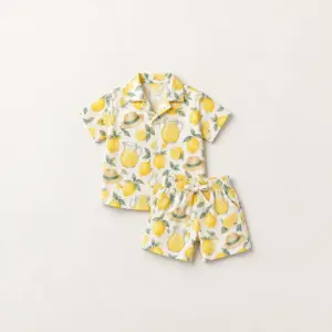 Lemonade Stand Kids Camp Set with all-over print of lemonade pitchers, lemons and little straw hats in yellow, white and mint