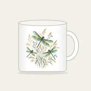 Dragonflies over Meadow Grasses Mug in white: Teal and gold dragonflies hover over fine meadow grasses.