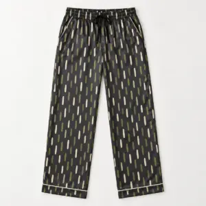 Olive Dash Satin Pajama Pants with short dashes in olive and cream in a staggered rhythm on a charcoal base