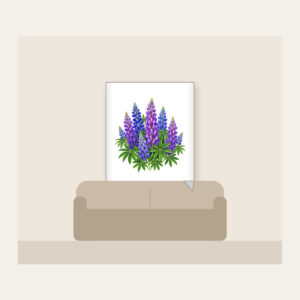 Lupine Spikes in Violet and Blue Fleece Blanket in white: Tall lupine spikes in violet and blue rise among green leaves.