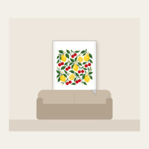 Cherry and Lemon Orchard Pattern Fleece Blanket in white: Cherries, lemons and leaves in red, yellow and green scattered across a cream field.