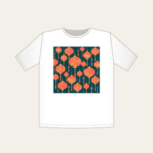 Coral and Gold Paper Lantern Night T-Shirt in white: Paper lanterns in coral and gold with fine strings across deep teal.