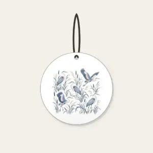 Herons and Reeds in Grey-Blue Ceramic Ornament in white: Herons stand among reeds in grey-blue and cream in an all-over pattern.