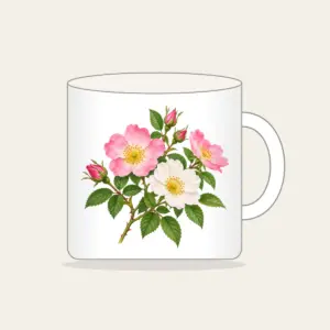 Wild Rose Branch Mug in white: A branch of wild roses with pink and white blossoms and fresh green leaves.
