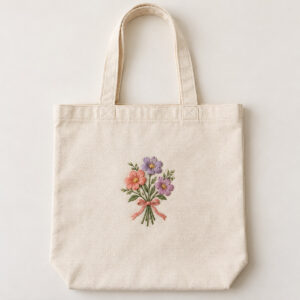Wildflower Posy Embroidered Tote with embroidery of a posy of three flowers with ribbon in coral, lavender and green on a natural tote, centred