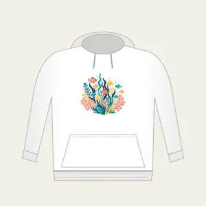 Tropical Fish School and Seaweed on Navy Hoodie in white: A school of small tropical fish and seaweed in coral, yellow and teal swims on navy.