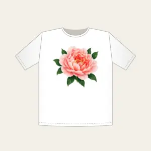 Full-Blown Peony with Green Leaves T-Shirt in white: A full-blown peony in blush and coral with deep green leaves.