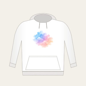 Watercolor Dawn Sky Gradient Hoodie in white: A watercolor gradient drifts from pale blue to lilac to peach with cloud edges.