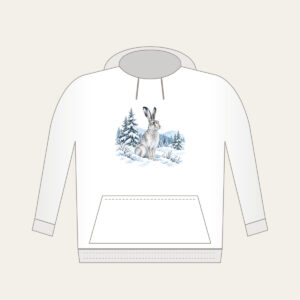 Hare in a Snowy Field with Pines Hoodie in white: A hare pauses in a snowy field among pines in white, grey and ice blue.
