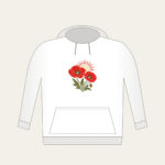 Twin Poppies and a Rising Sun Hoodie in white: Two poppies beneath a rising sun in red, cream and olive.