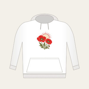 Twin Poppies and a Rising Sun Hoodie in white: Two poppies beneath a rising sun in red, cream and olive.