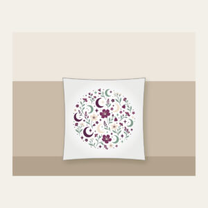 Crescent Moons and Wildflowers in Plum Pillow in white: Crescent moons, wildflowers and tiny stars repeat in plum, mint and cream.