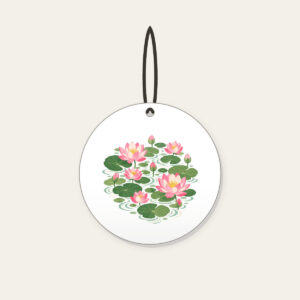 Lotus Blooms over Pond Ripples Ceramic Ornament in white: Lotus blooms float above pond ripples in pink, green and cream.