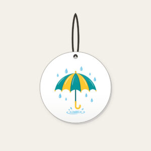 Teal Umbrella and Raindrop Ripple Ceramic Ornament in white: An open teal and yellow umbrella with small raindrops and a tiny puddle ripple.