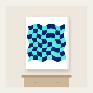 Ripple Checkerboard in Navy and Aqua Canvas Print in white: A checkerboard whose squares ripple like waves in navy and aqua.