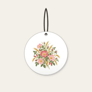 Prairie Roses and Wheat on Cream Ceramic Ornament in white: Prairie roses and wheat stalks in rose, gold and sage scatter across a cream ground.