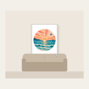Coastal Sunrise Bands with a Compass Rose Fleece Blanket in white: Bands of peach, coral and teal show a coastal sunrise, with tiny waves and a small compass rose.