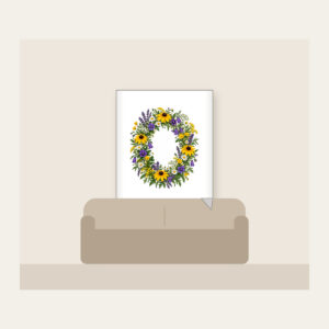 Oval Wildflower Wreath Fleece Blanket in white: A bold oval wildflower wreath in yellow, purple and green sits at the centre.