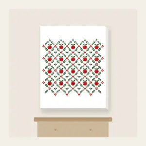 Orchard Diamond Lattice Canvas Print in white: A diamond lattice with small apple and leaf motifs in red, cream and green.