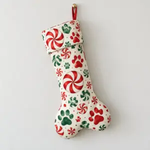 Paw and Peppermint Dog Bone Stocking with peppermint swirls and paw prints in red, white and green across a cream stocking shape with a printed cuff