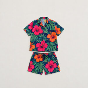 Dusk Hibiscus Hawaiian Set with large hibiscus flowers and monstera leaves in magenta, orange and deep green on a navy base
