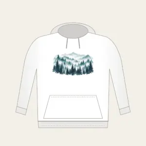 Pine Rows Fading into Mist Hoodie in white: Rows of pine silhouettes recede into mist in slate, teal and white.