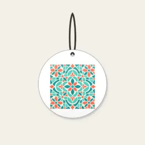 Aqua and Coral Mosaic Tiles Ceramic Ornament in white: Mosaic tiles in aqua, coral and cream fit together across the artwork.