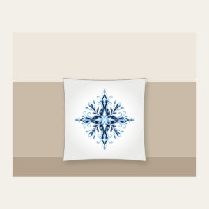 Frosted Crystal Lines in Ice Blue Pillow in white: Fine frosted crystal lines in ice blue and white across a deep navy ground.