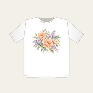 Watercolor Blooms in Peach and Lilac T-Shirt in white: Gentle watercolor blooms in peach, lilac and sage bleed softly across white space.