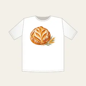 Sourdough Loaf and Wheat Sprig T-Shirt in white: A round scored sourdough loaf with a small wheat sprig in golden brown, cream and sage.