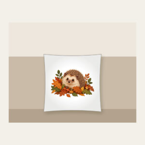 Hedgehog Among Fallen Leaves Pillow in white: A small hedgehog wanders among fallen leaves in brown, rust and green.