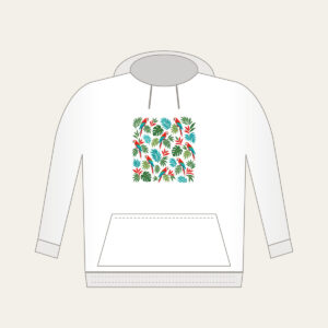 Parrots and Palm Leaves Repeat Hoodie in white: Small parrots and palm leaves repeat in red, turquoise and green on cream.