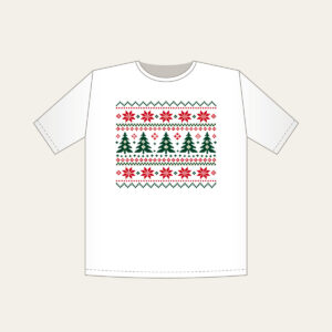 Fair Isle Pines and Stars in Red T-Shirt in white: Knit-inspired rows of pines and stars in red, cream and green repeat in tidy bands.