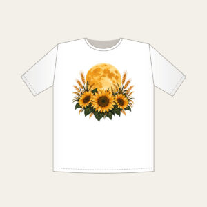 Harvest Moon over Sunflower Fields T-Shirt in white: A large harvest moon rises over sunflower and wheat silhouettes in amber, deep green and cream.
