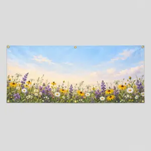 Meadow Strip Fence Flag with a strip of wildflowers in yellow, purple and white along the lower edge under a pale sky gradient