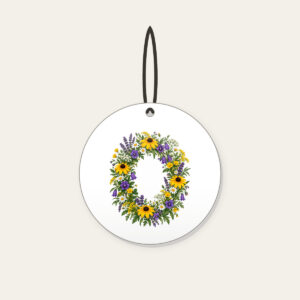 Oval Wildflower Wreath Ceramic Ornament in white: A bold oval wildflower wreath in yellow, purple and green sits at the centre.